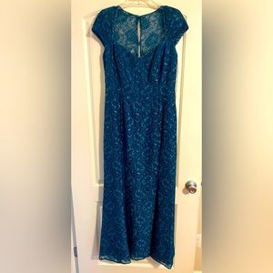 Teal over the shoulder long formal dress